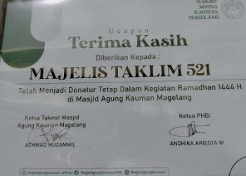 Apresisasi Sepak Terjang Majlis Taklim 521, Masjid Agung Kauman Kota Magelang Berikan Piagam