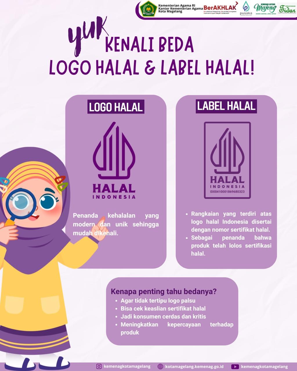 Infografis perbedaan logo halal dan label halal resmi Indonesia dari Kementerian Agama Kota Magelang. 